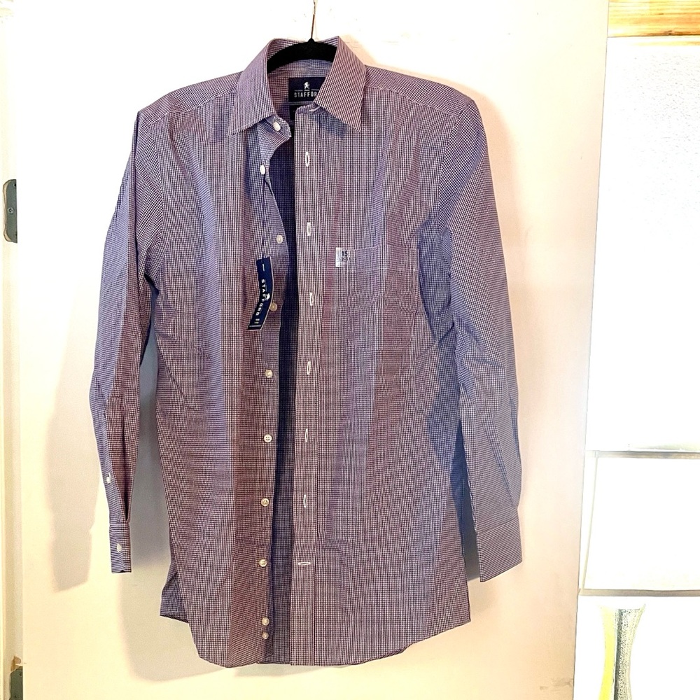 NWT Stafford Men's Fitted Blue and White Checkered Button Down Shirt 15 32-33